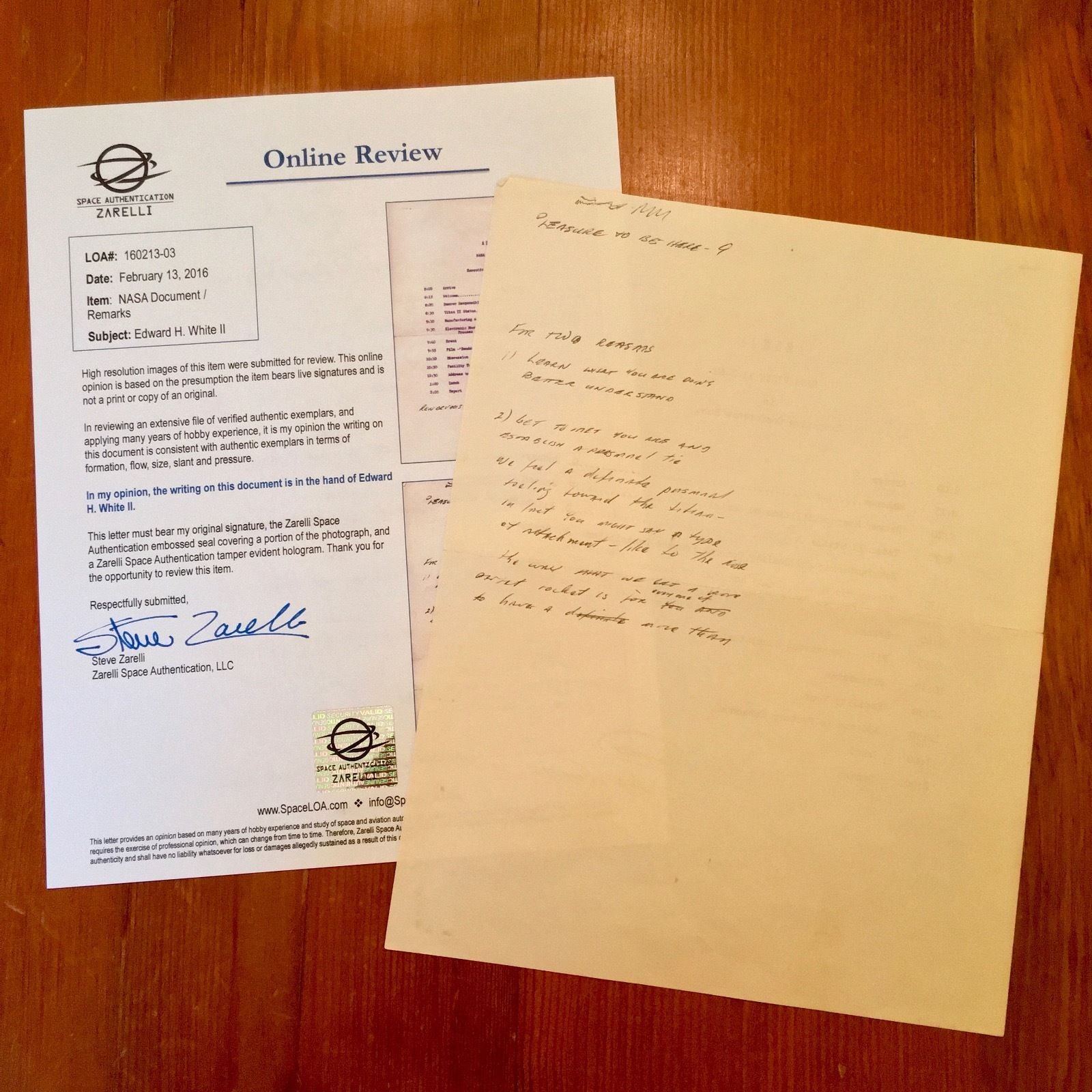 EDWARD H. WHITE II * NASA ORIENTATION PAPERS + SPEECH * AUTOGRAPH COA * APOLLO 1