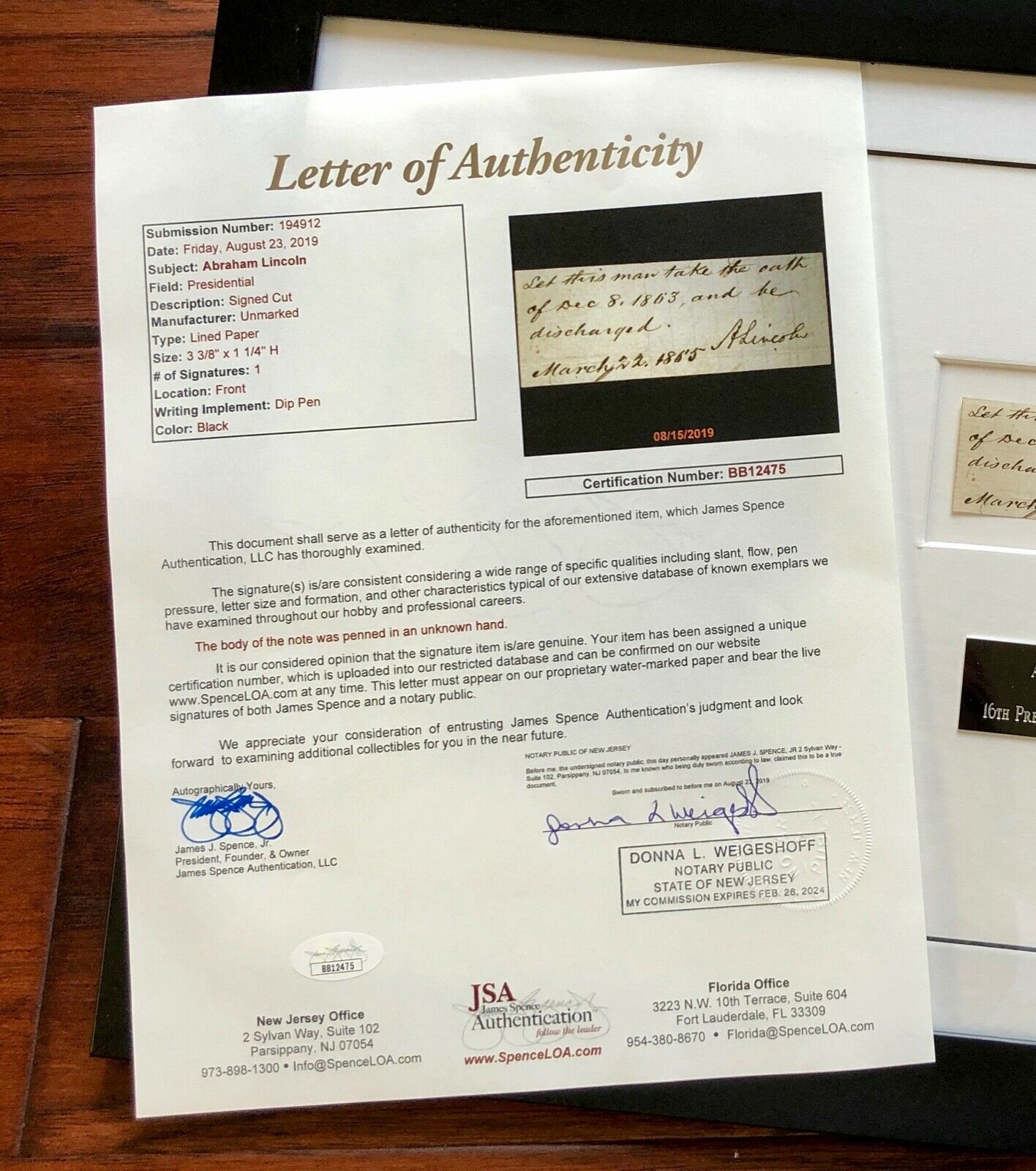 ABRAHAM LINCOLN * JSA * Autograph AMNESTY OATH Signed DAYS BEFORE ASSASSINATION!