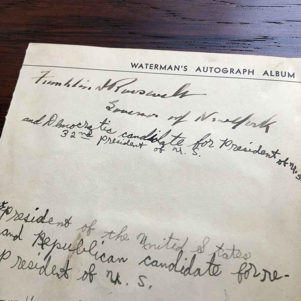 FRANKLIN D. ROOSEVELT * JSA LOA * Waterman's Autograph Album Signed Page *