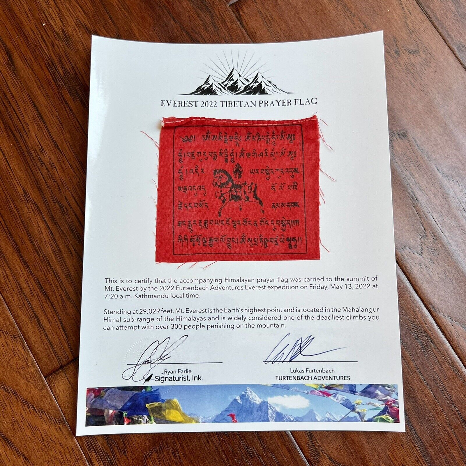 MOUNT EVEREST Genuine Prayer Flag ARTIFACT Carried to the Summit of MT 29029 FT