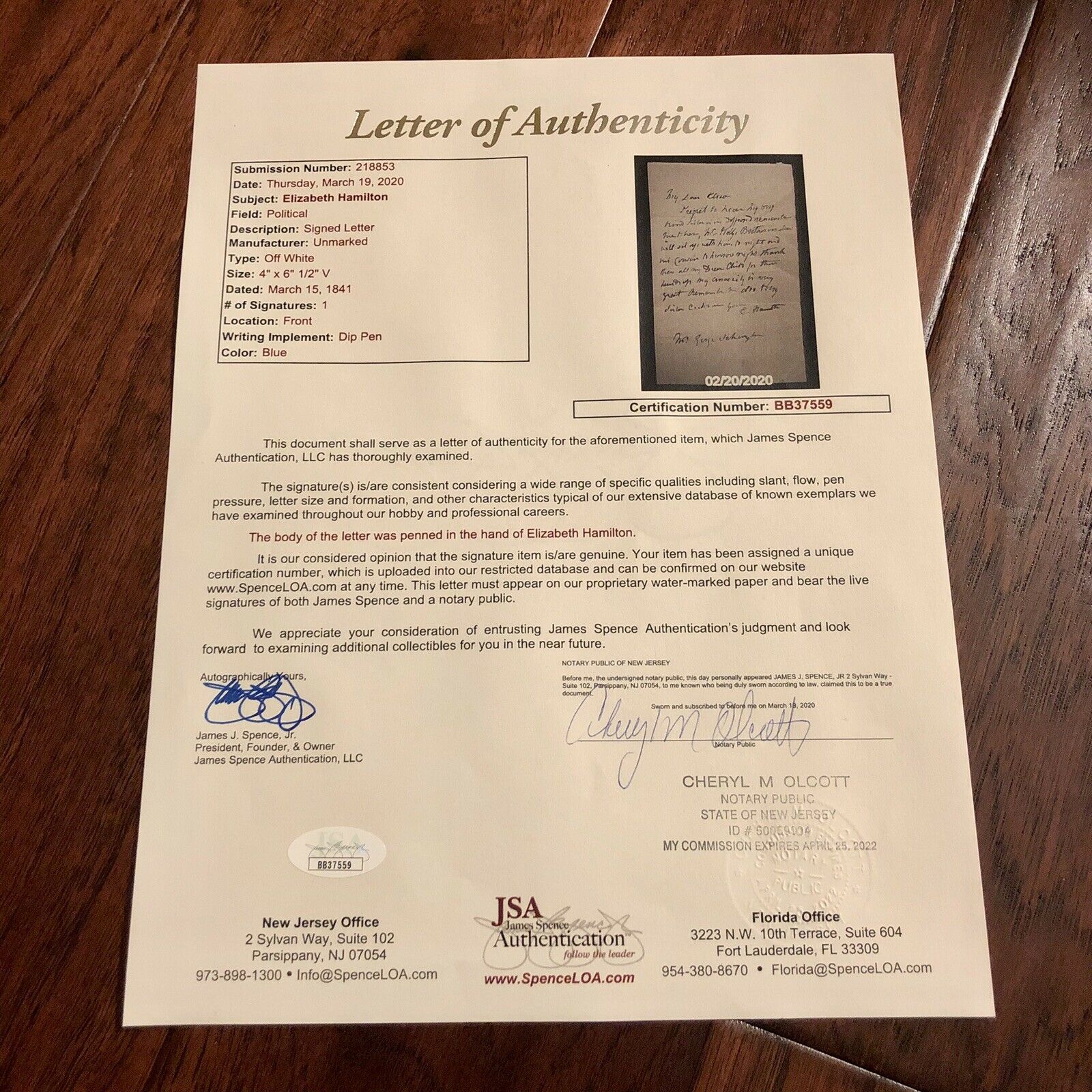 ELIZABETH ELIZA SCHUYLER HAMILTON * JSA LOA * Autograph Letter Signed to Family