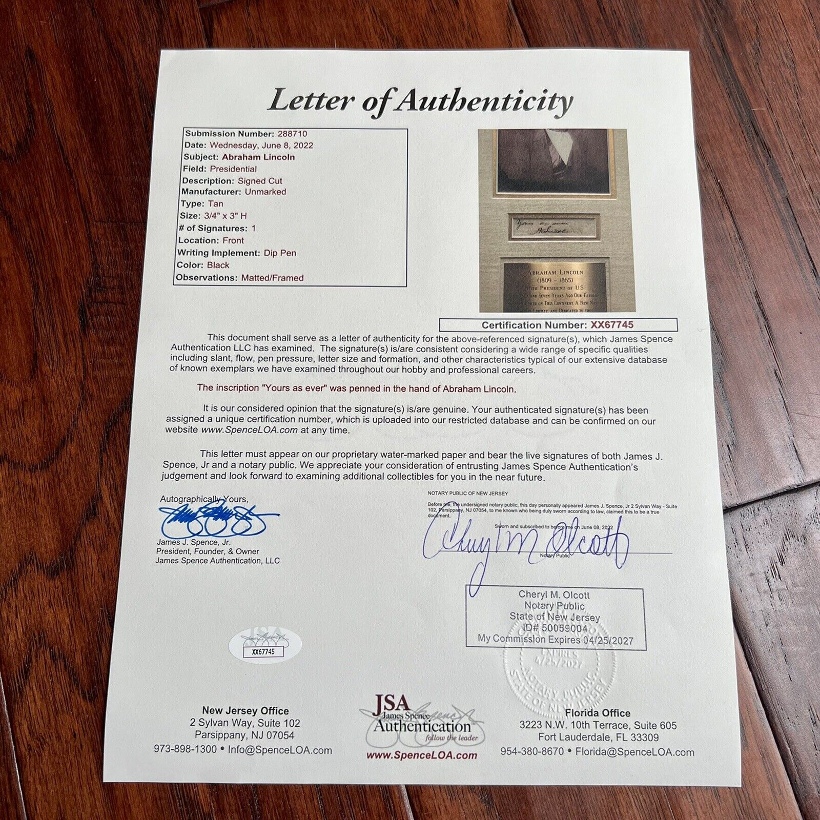 ABRAHAM LINCOLN * JSA LOA * Autograph Inscribed Cut Signature from Letter Signed