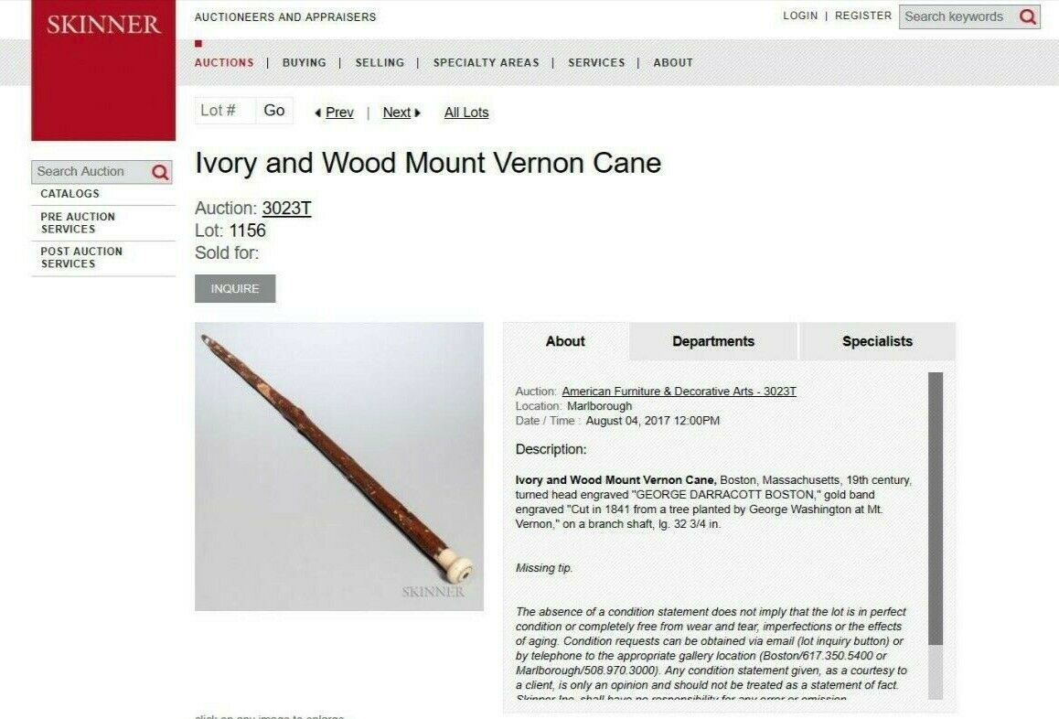 GEORGE WASHINGTON * Cane Crafted From a Mount Vernon Tree Planted By Washington