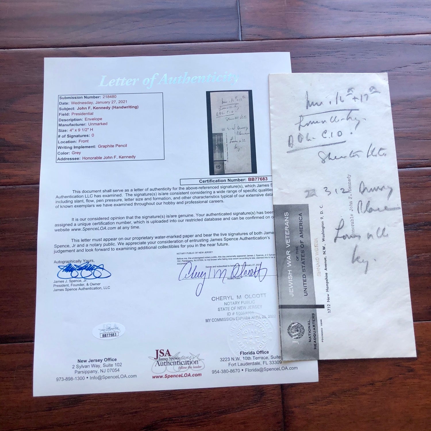 JOHN F. KENNEDY * JSA LOA * Handwritten Annotated Envelope * No Autograph Signed