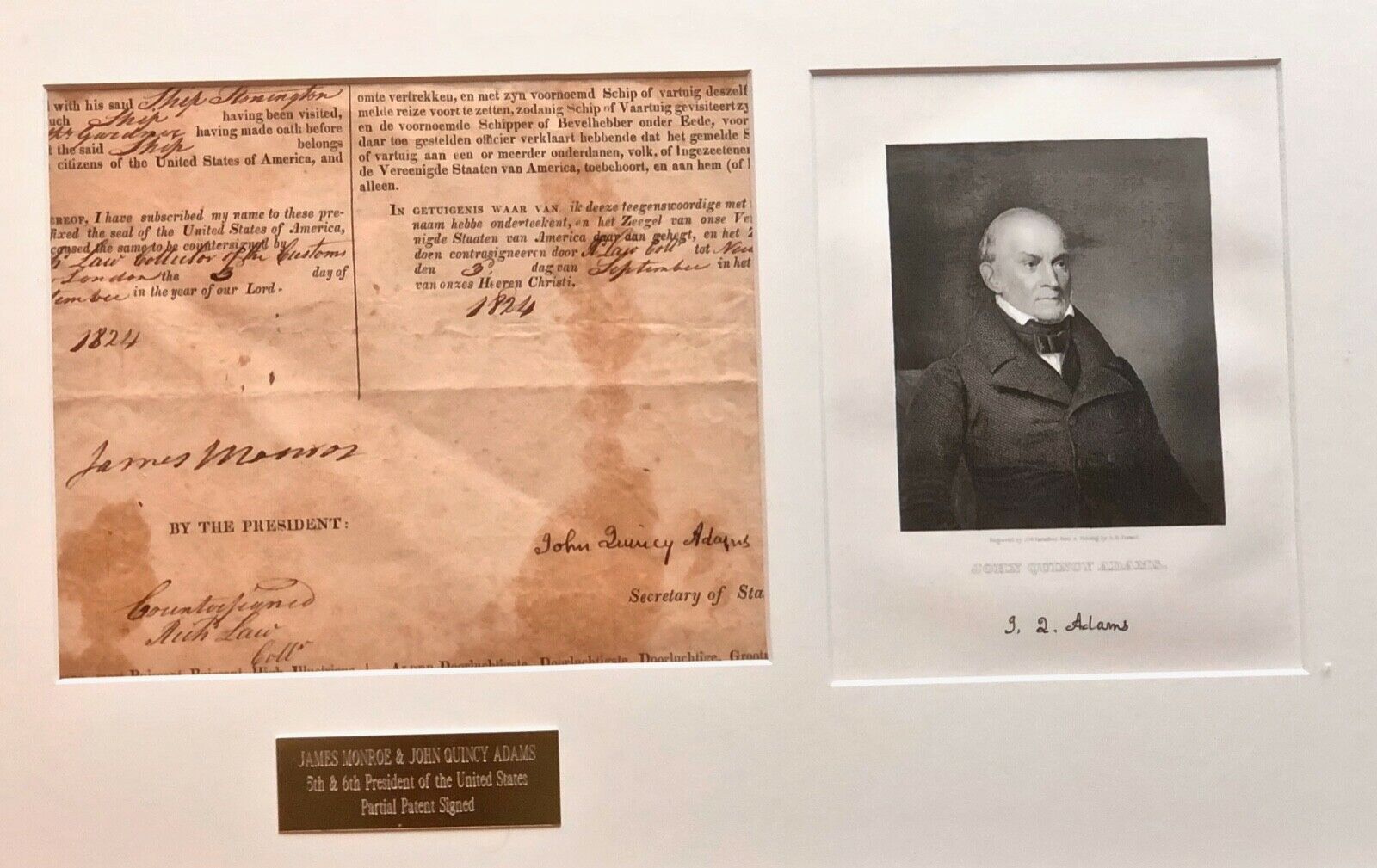 JAMES MONROE & JOHN QUINCY ADAMS * BAS * AUTOGRAPH Partial Patent SIGNED