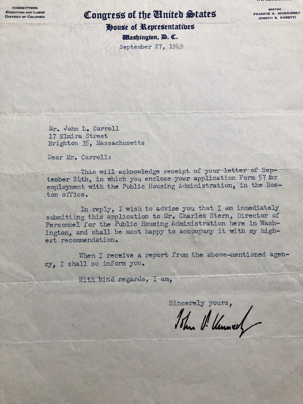 JOHN F. KENNEDY * EARLY 1949 Autograph Letter SIGNED * President House of Reps
