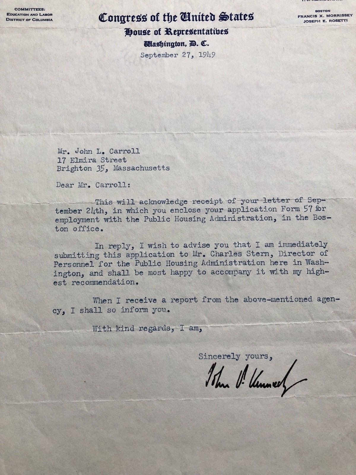 JOHN F. KENNEDY * EARLY 1949 Autograph Letter SIGNED * President House of Reps