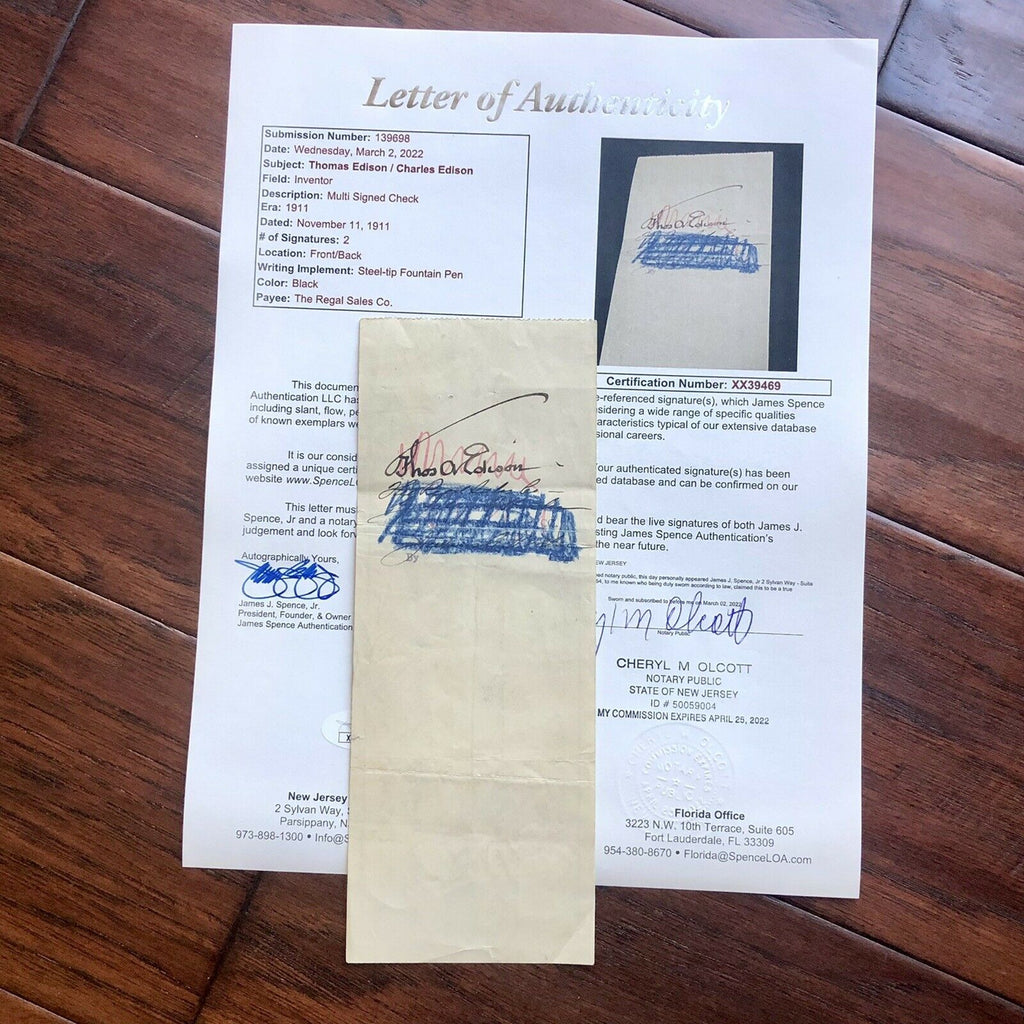 THOMAS EDISON * JSA LOA * Signed Promissory Check Autograph * Umbrella Signature