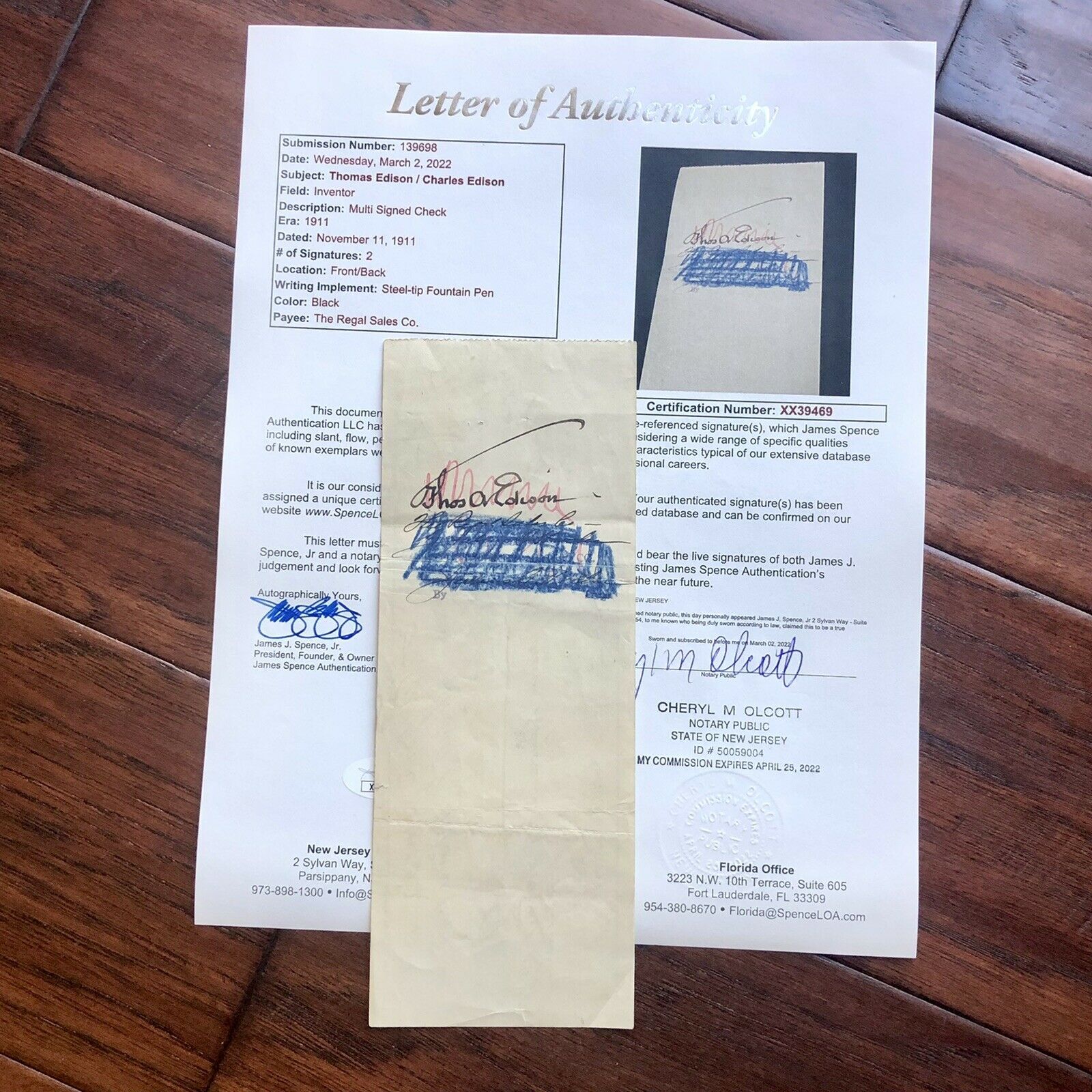 THOMAS EDISON * JSA LOA * Signed Promissory Check Autograph * Umbrella Signature