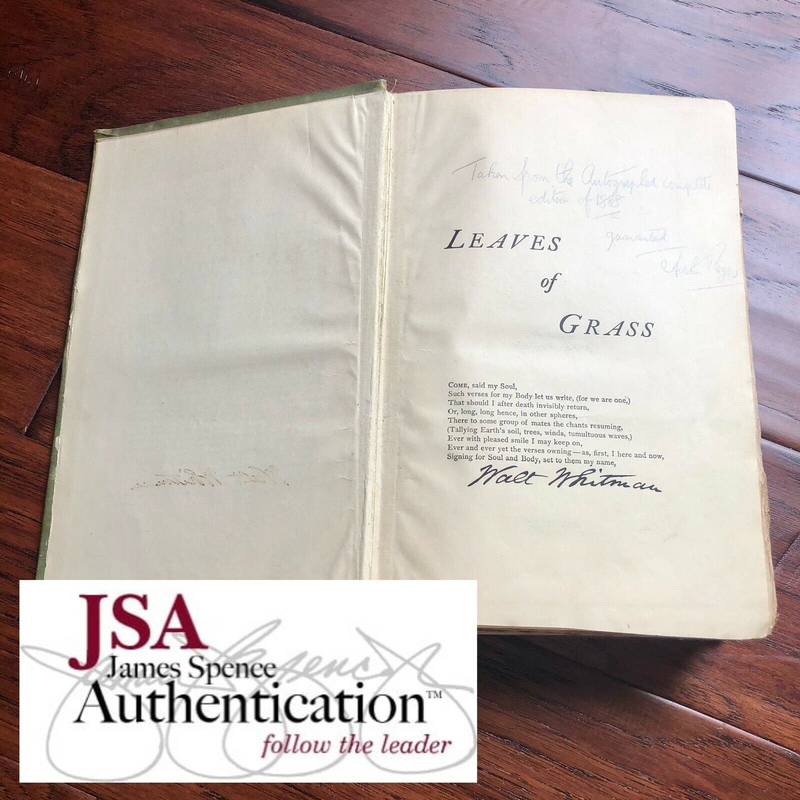 WALT WHITMAN * JSA LOA * Leaves Of Grass Autograph Book Signed