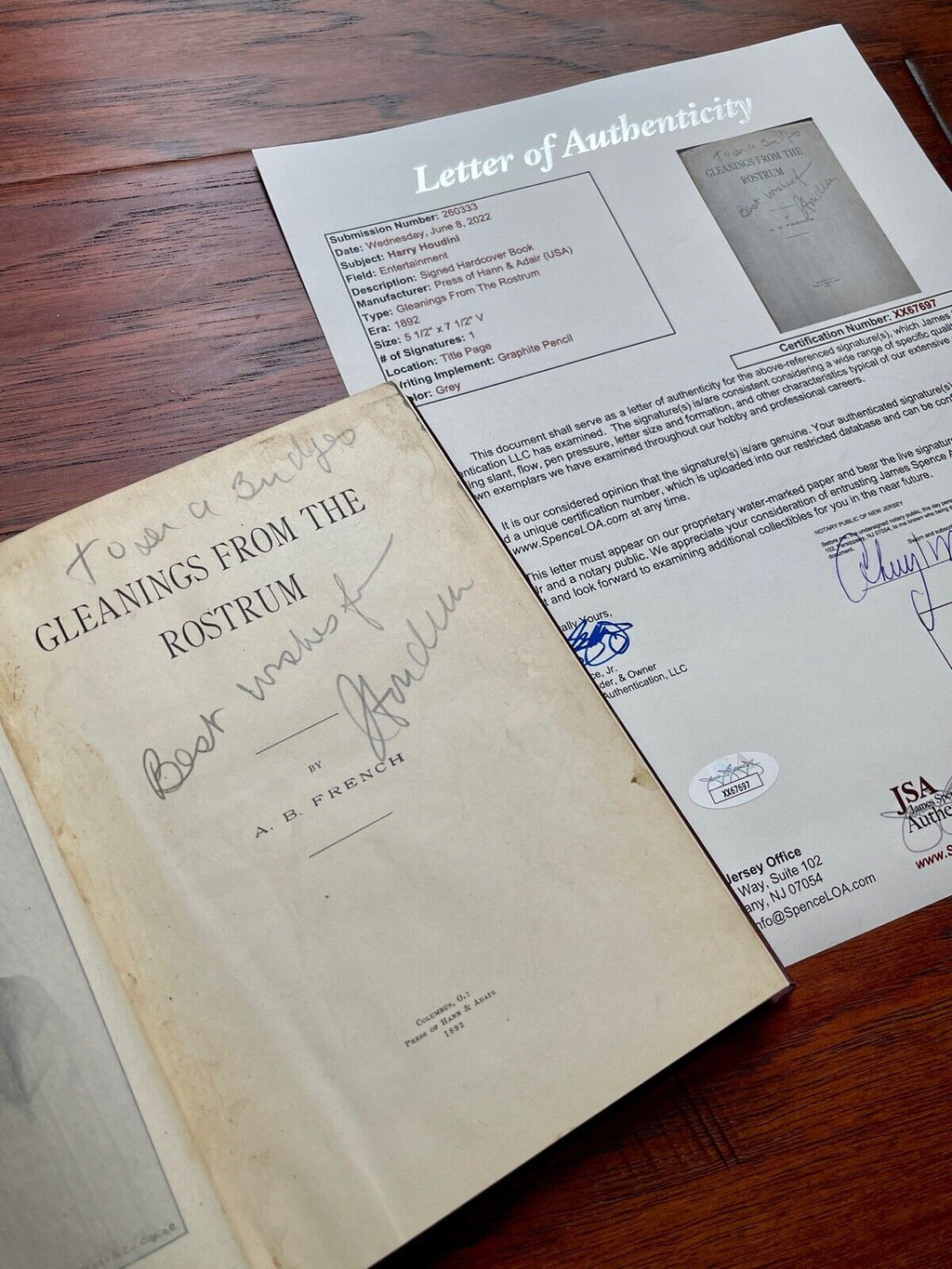 HARRY HOUDINI * JSA LOA * AUTOGRAPH Spiritualism Book "Gleanings" Signed