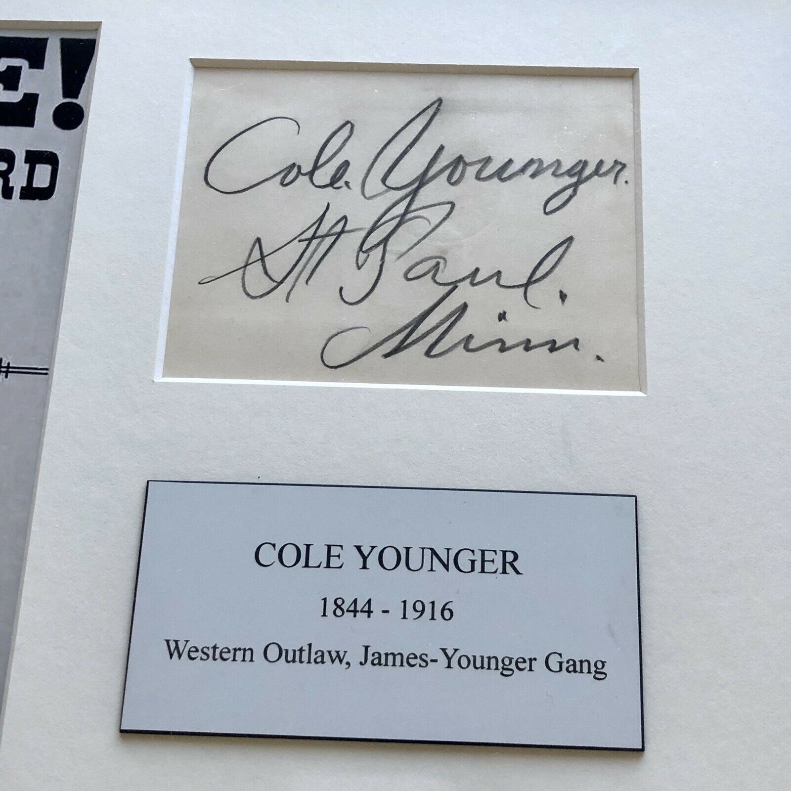 COLE YOUNGER * JSA LOA * Autograph Card Signed * Jesse James Gang Outlaw