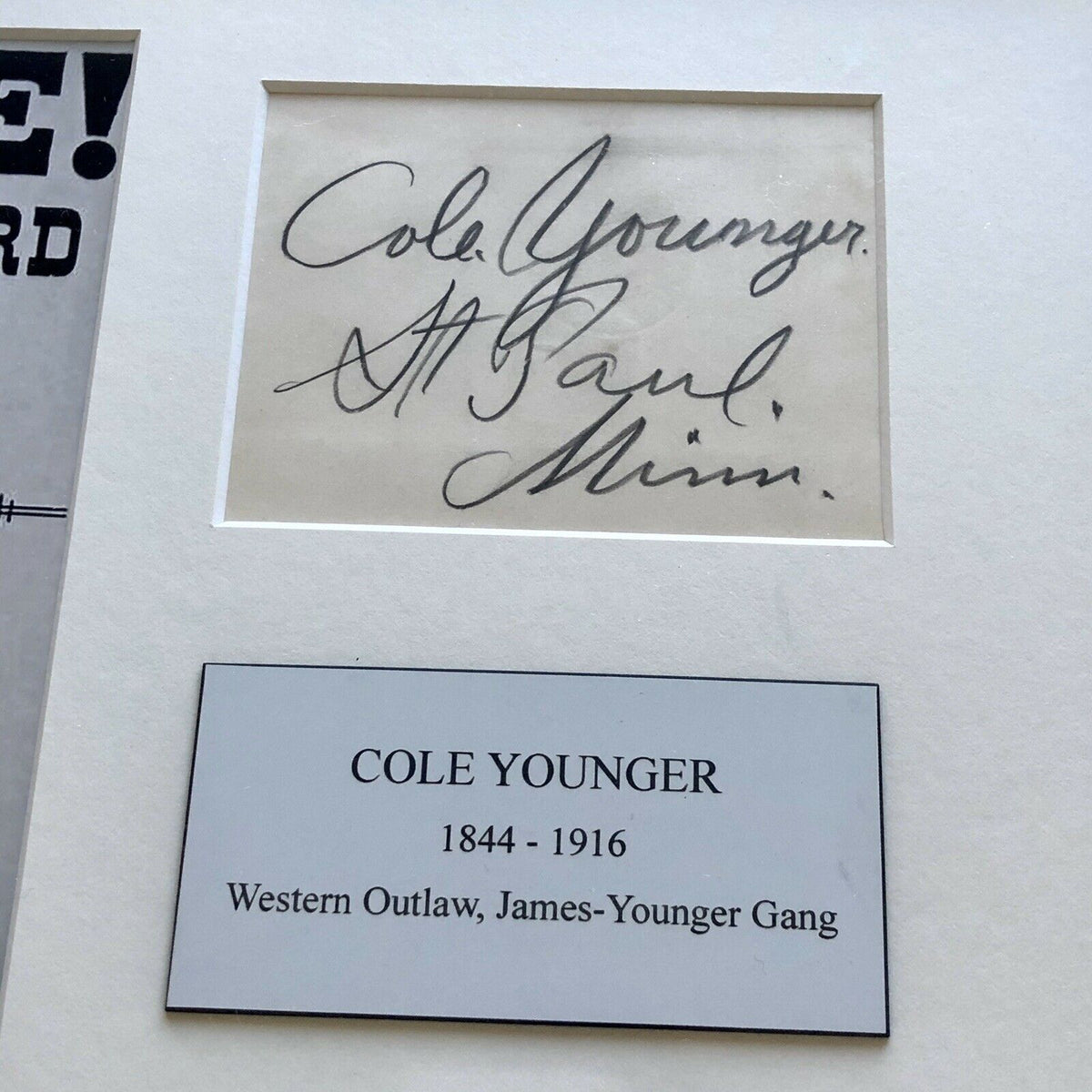 COLE YOUNGER * JSA LOA * Autograph Card Signed * Jesse James Gang Outlaw