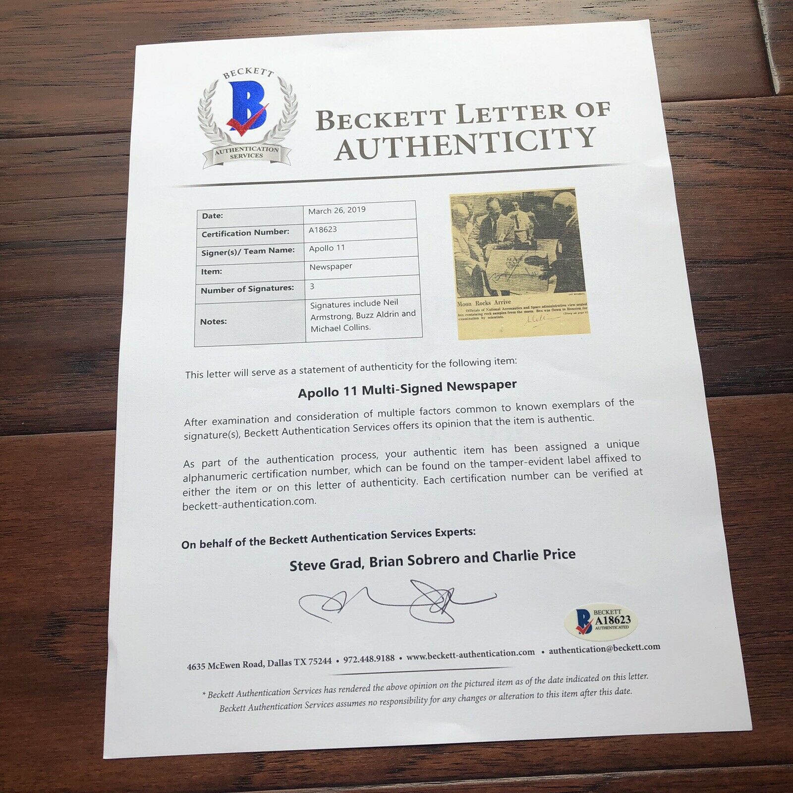 APOLLO 11 CREW SIGNED * BECKETT BAS * AUTOGRAPH "Moon Rocks" Neil Armstrong