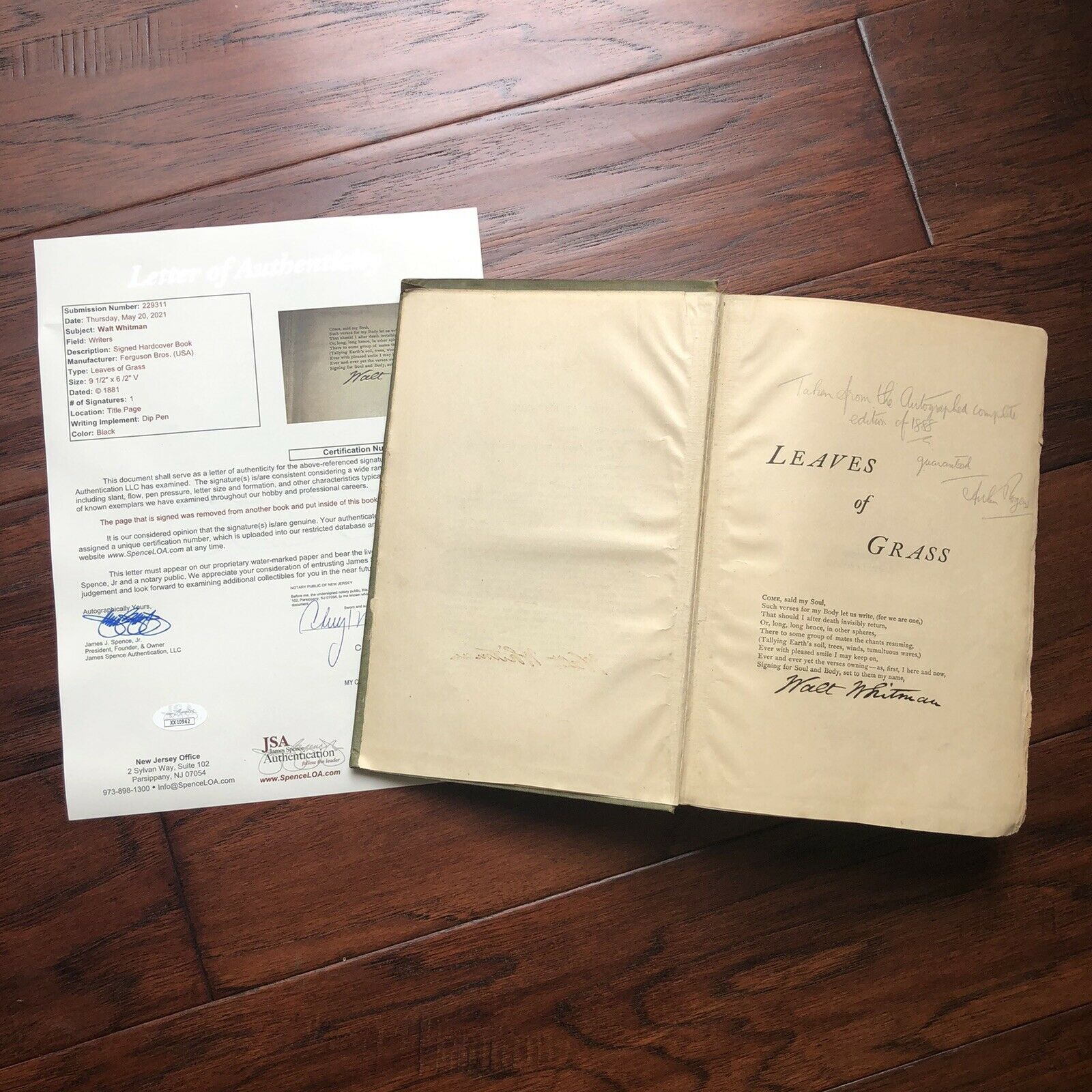 WALT WHITMAN * JSA LOA * Leaves Of Grass Autograph Book Signed