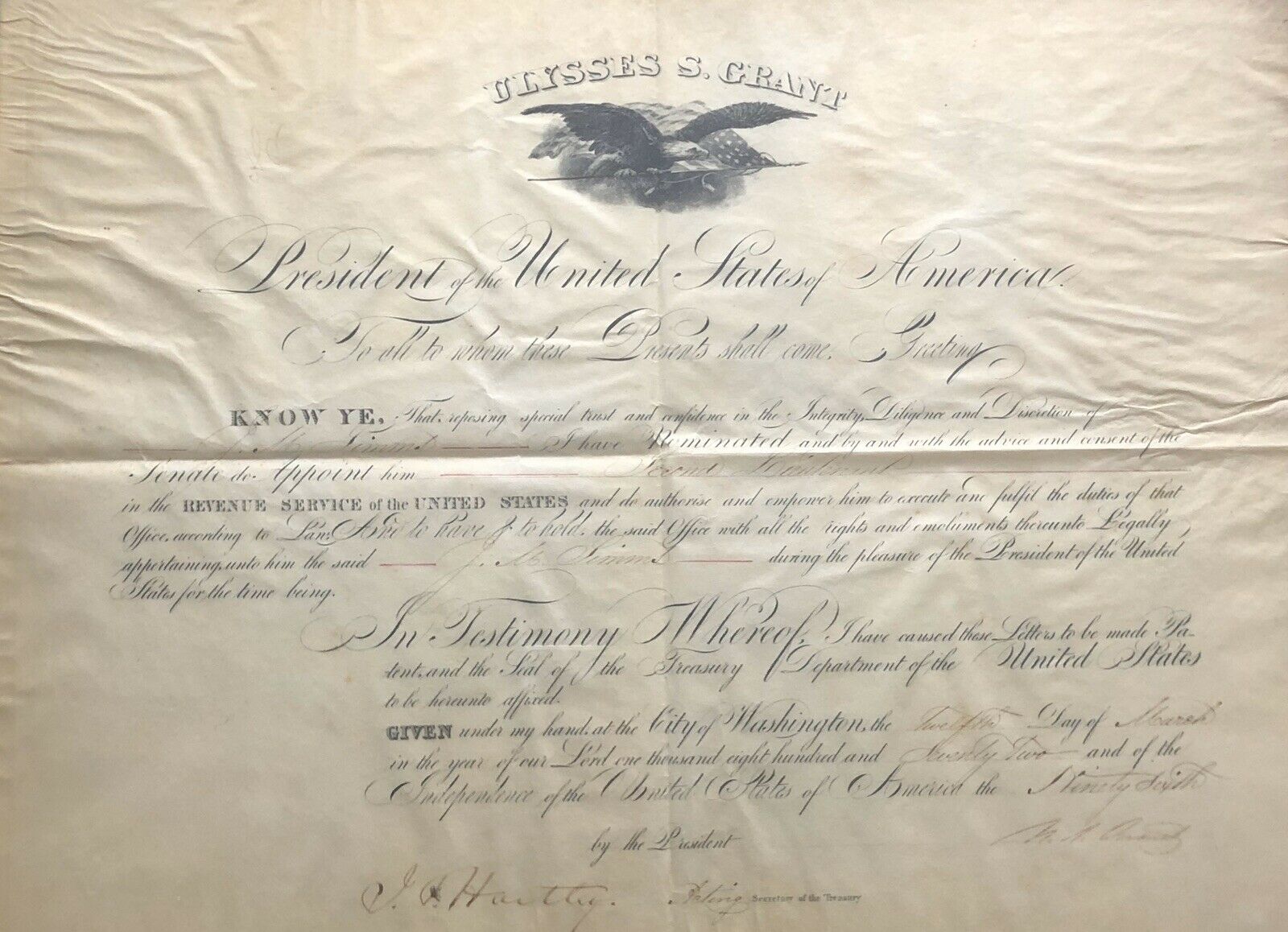 ULYSSES S. GRANT * BAS * 1872 Autograph Appointment Signed * AS PRESIDENT