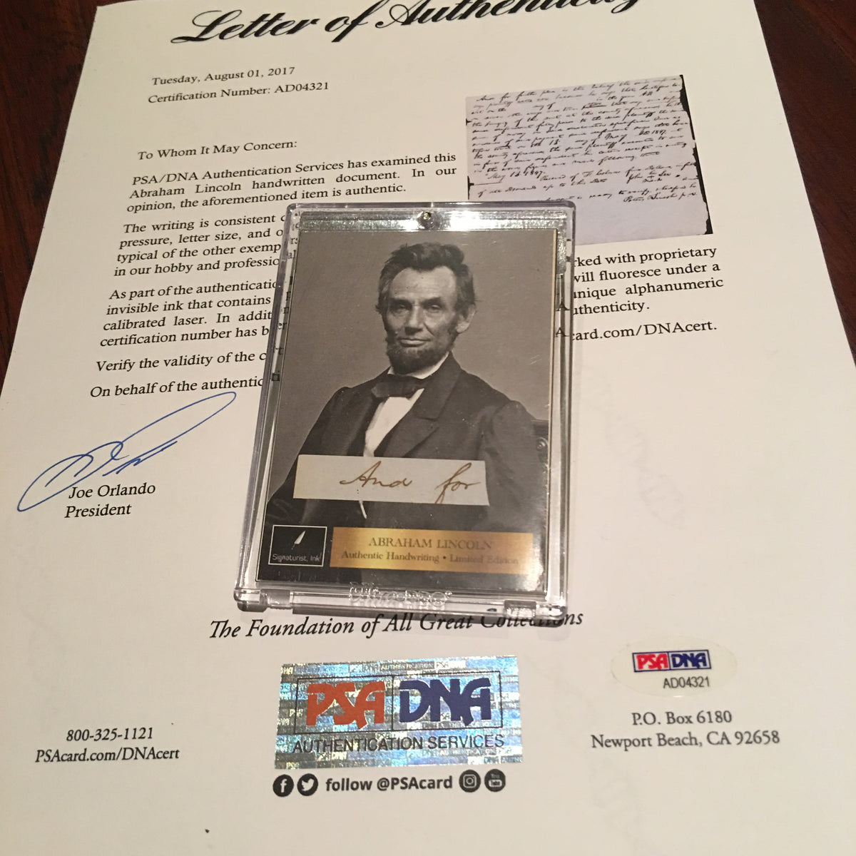 ABRAHAM LINCOLN * PSA/DNA * Cut Words "And For"