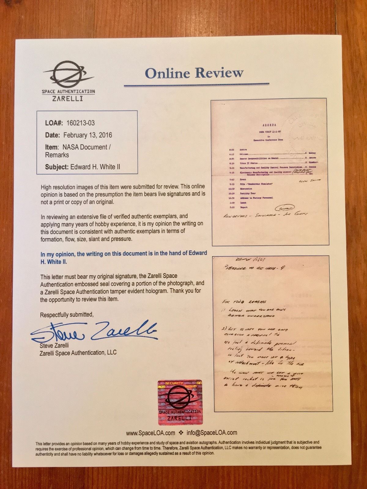 EDWARD H. WHITE II * NASA ORIENTATION PAPERS + SPEECH * AUTOGRAPH COA * APOLLO 1