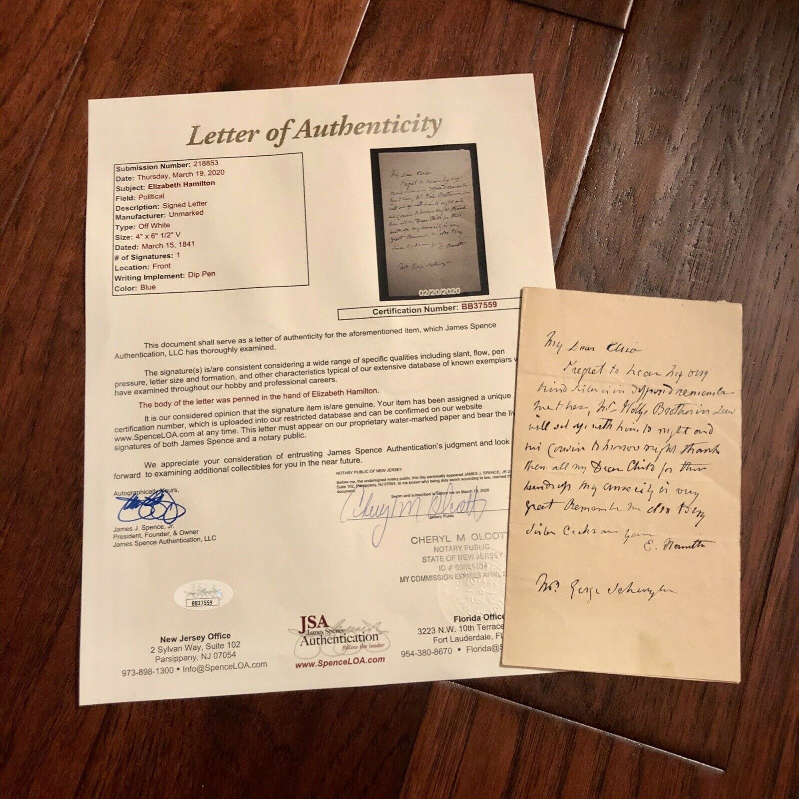 ELIZABETH ELIZA SCHUYLER HAMILTON * JSA LOA * Autograph Letter Signed to Family