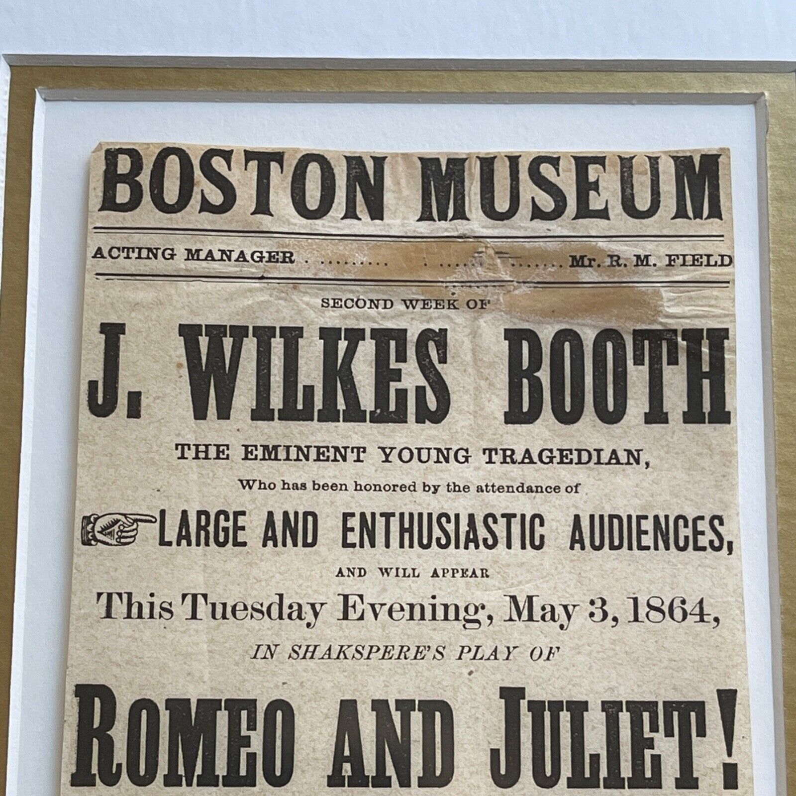 JOHN WILKES BOOTH * Authentic ROMEO & JULIET Playbill * 1864 * Abraham Lincoln