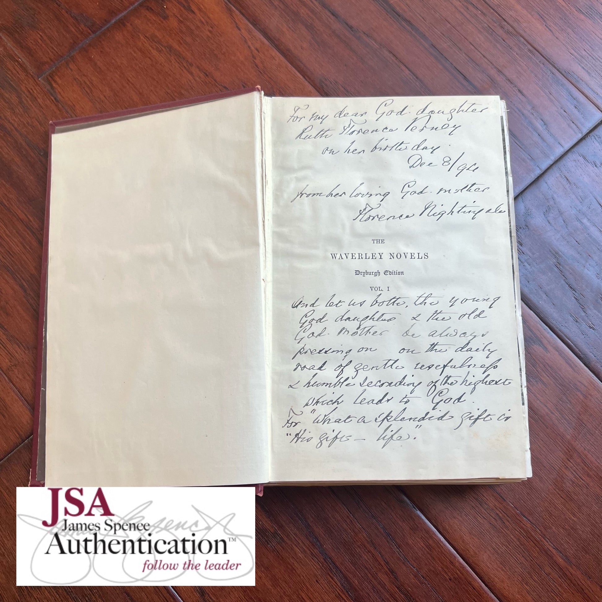 FLORENCE NIGHTINGALE * JSA LOA * Signed Book Gifted to Goddaughter Autograph