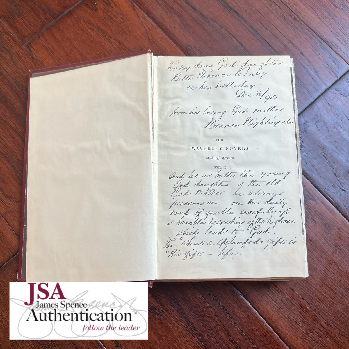 FLORENCE NIGHTINGALE * JSA LOA * Signed Book Gifted to Goddaughter Autograph