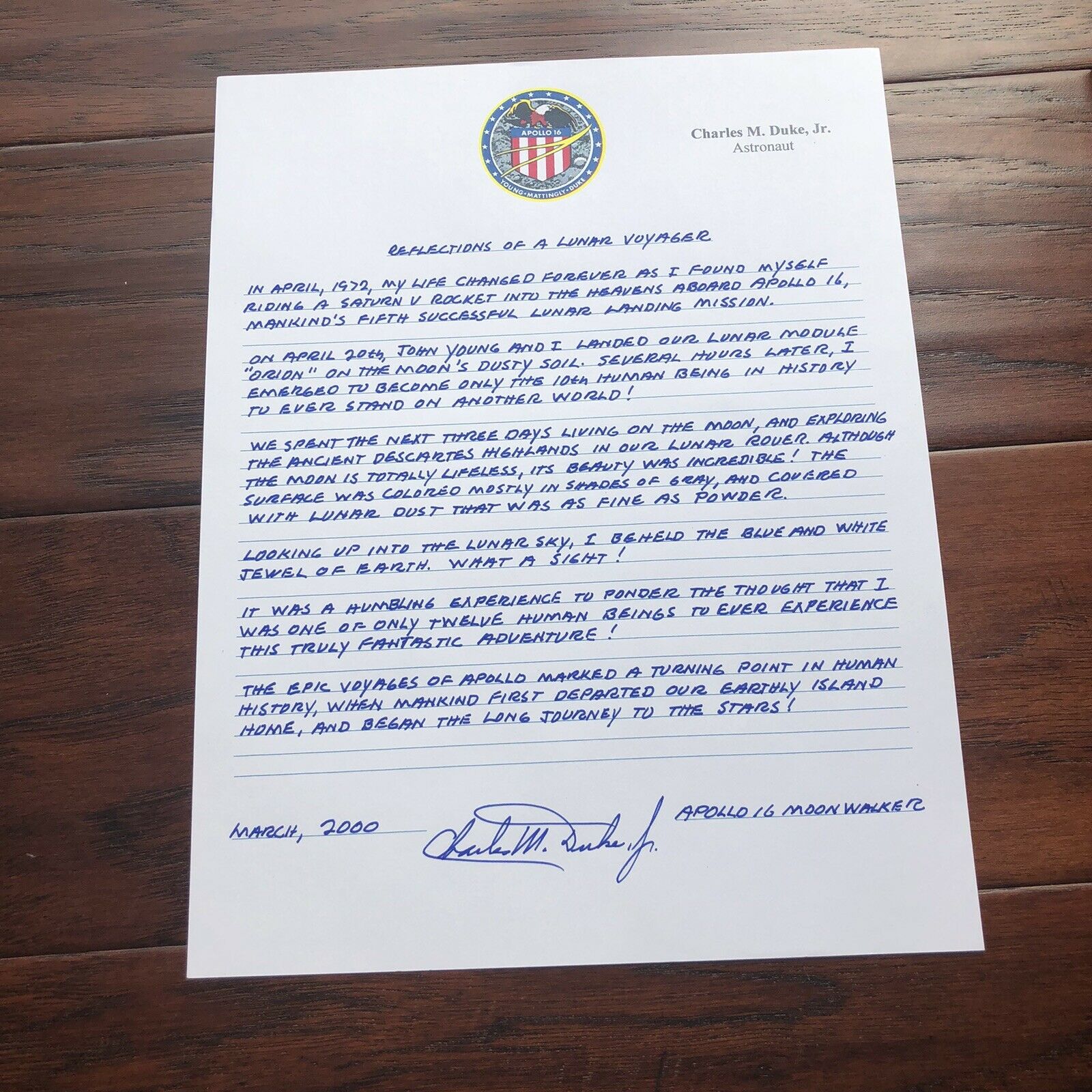 CHARLIE DUKE * JSA LOA * Lunar Voyager Autograph Letter Signed * Apollo 16