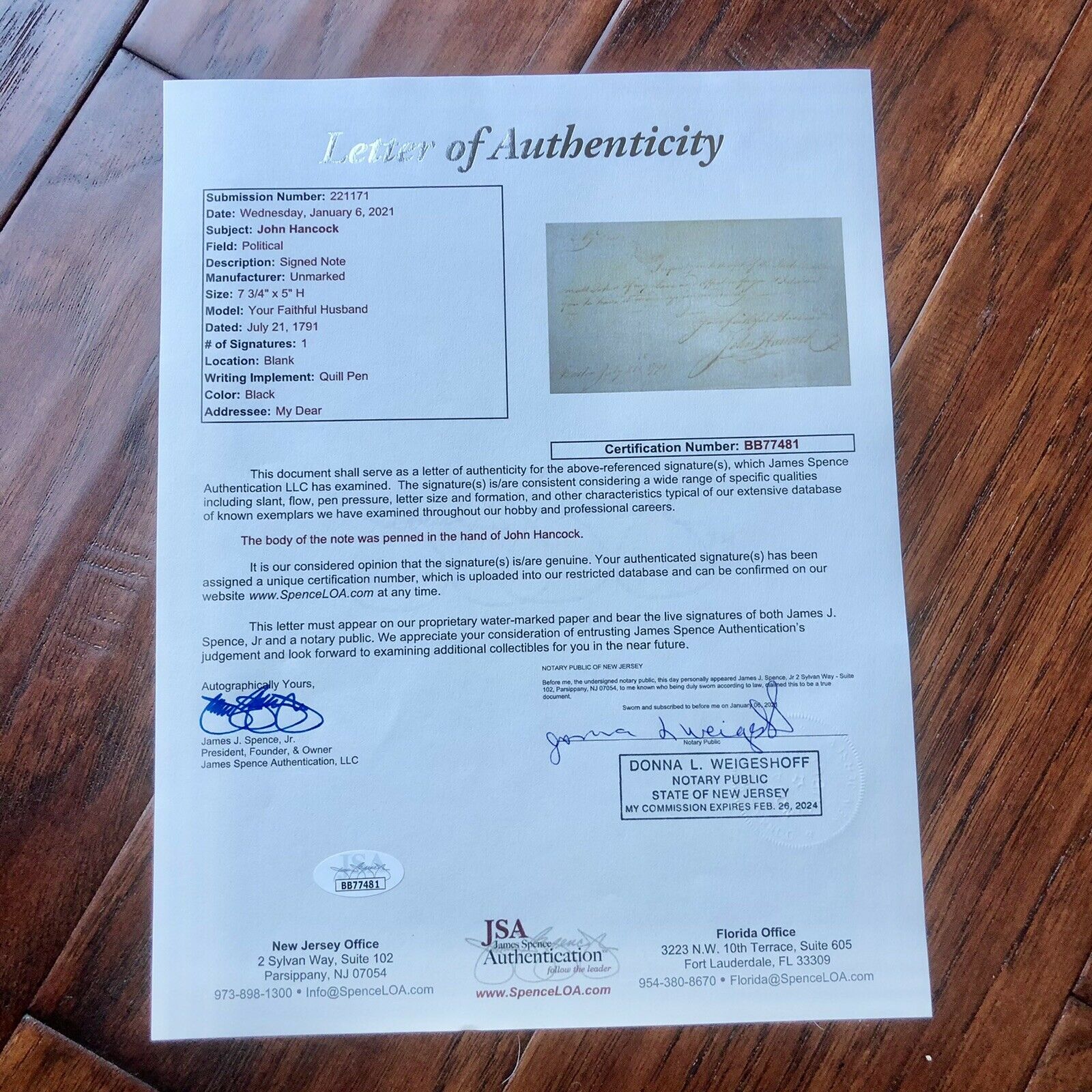 JOHN HANCOCK * JSA LOA * Handwritten Autograph Personal Letter To Wife Signed