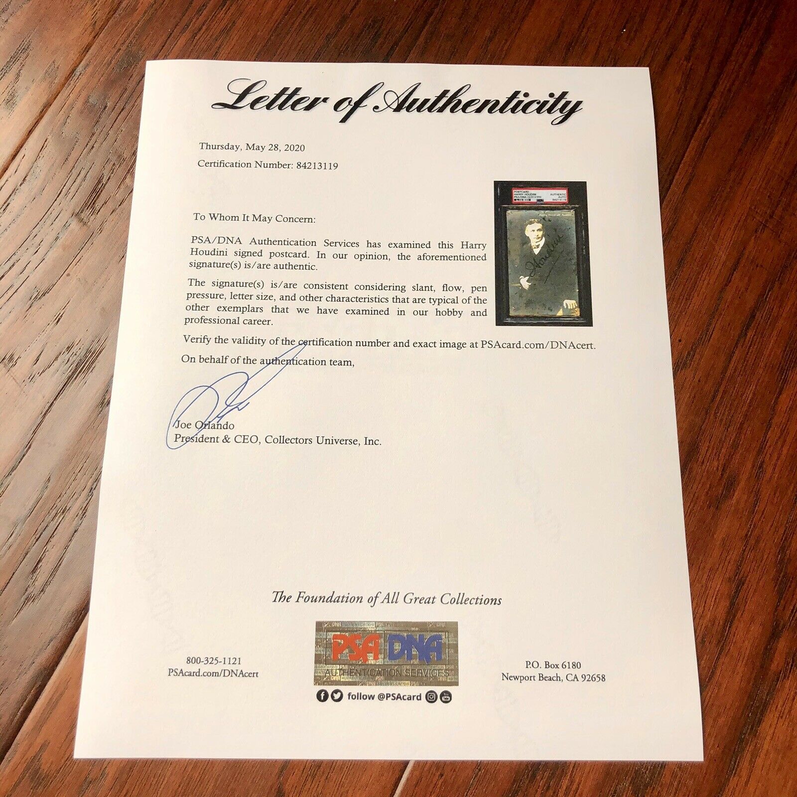 HARRY HOUDINI * PSA/DNA LOA * Hand Signed Post Card Photo Slabbed * Autograph