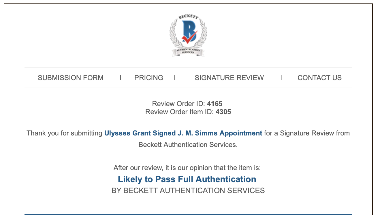 ULYSSES S. GRANT * BAS * 1872 Autograph Appointment Signed * AS PRESIDENT