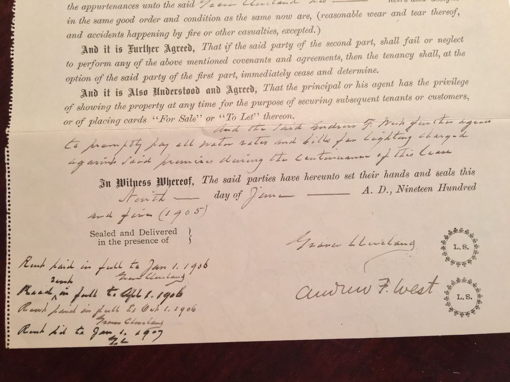GROVER CLEVELAND * SIGNED 8x AUTOGRAPH Handwritten WESTLAND Lease * President
