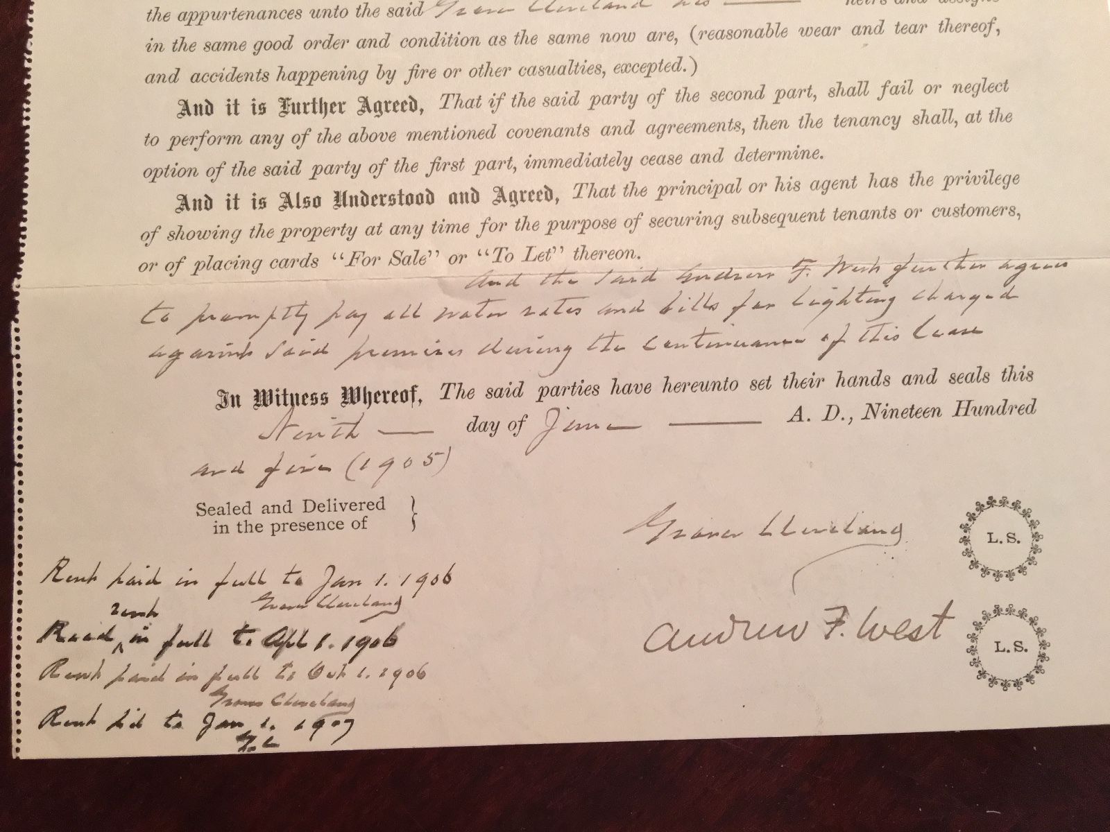 GROVER CLEVELAND * SIGNED 8x AUTOGRAPH Handwritten WESTLAND Lease * President