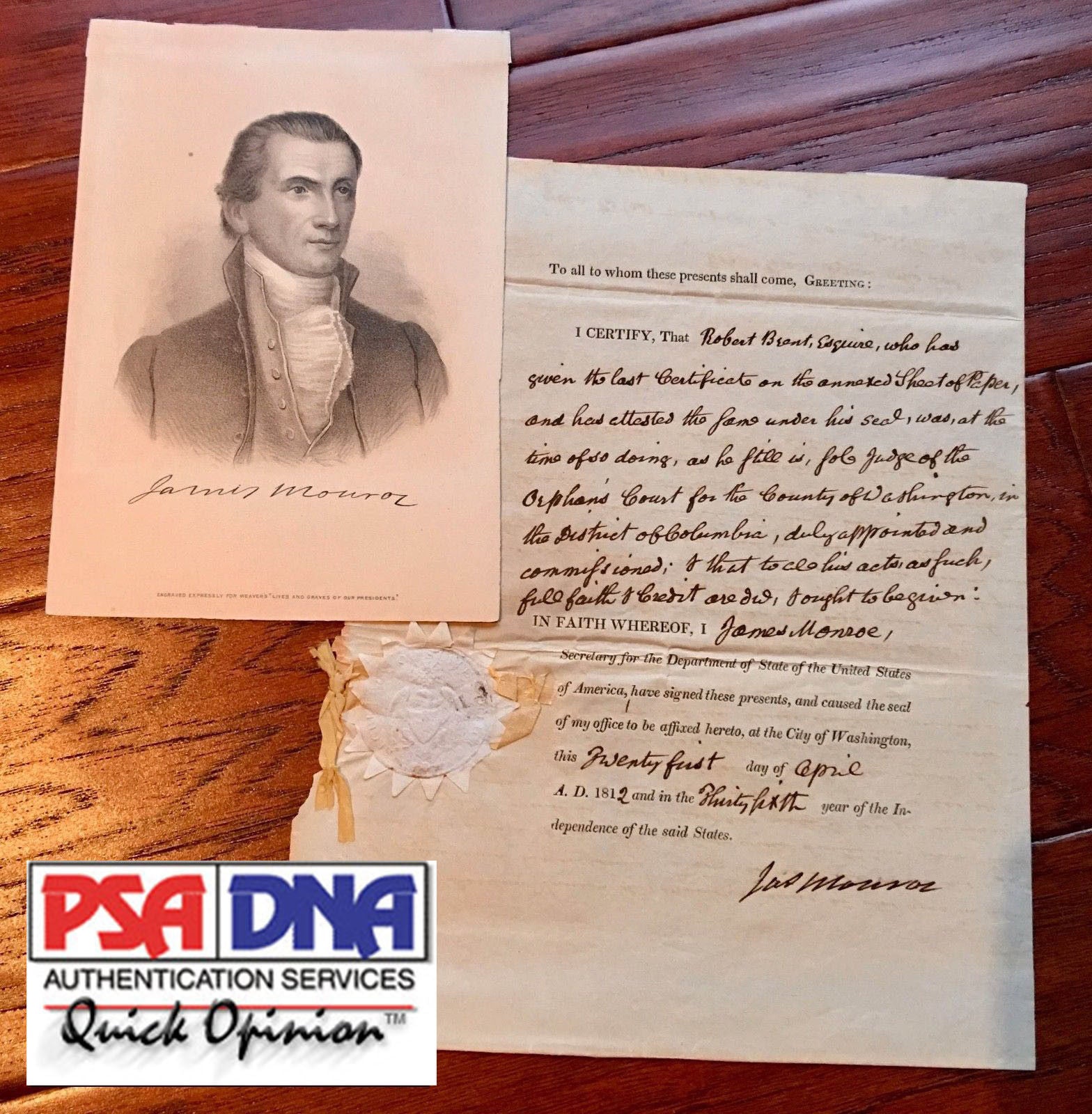 President JAMES MONROE * AUTOGRAPH SIGNED as Secretary of State Certifies Judge