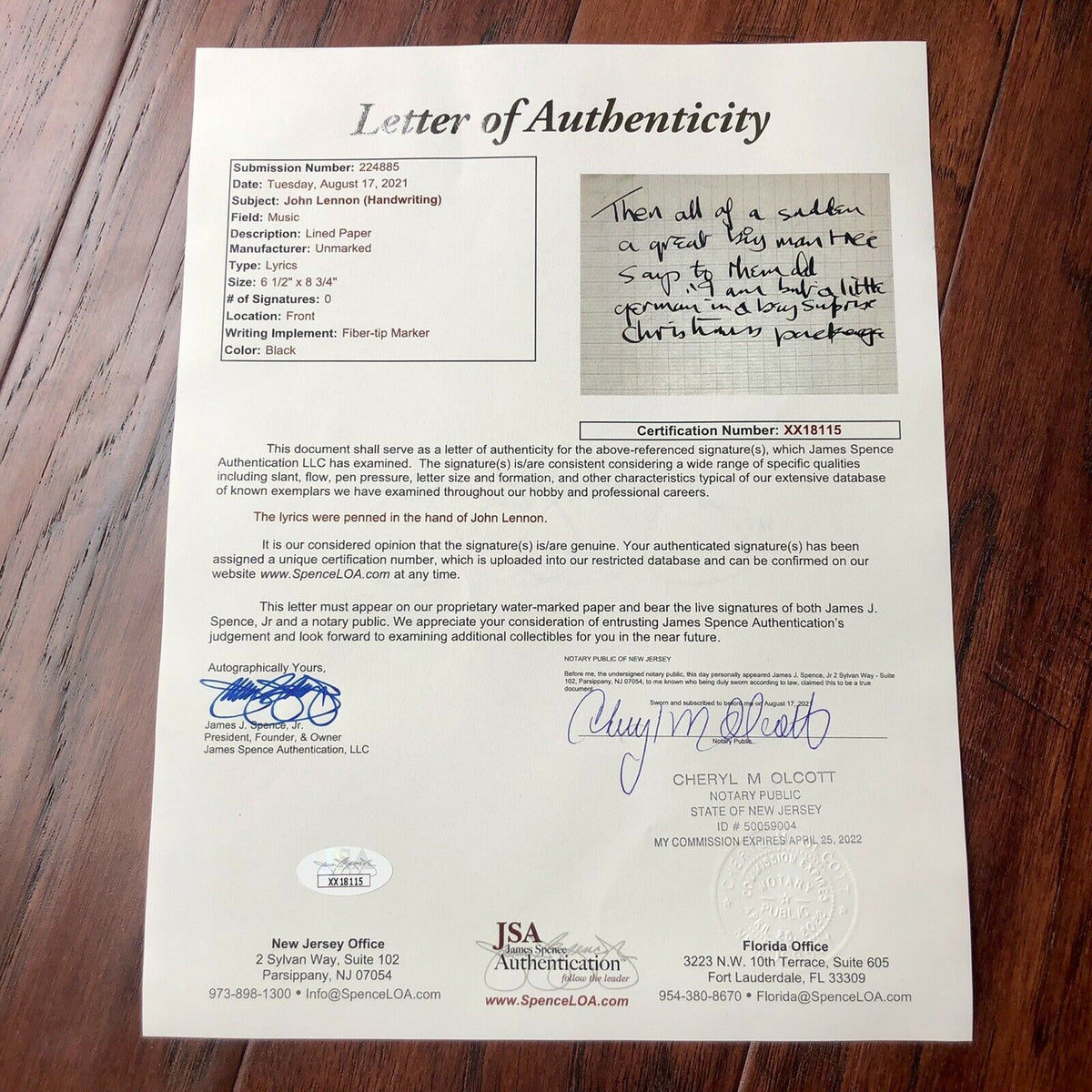 JOHN LENNON * JSA LOA * Handwritten Autograph Prose Poem Lyrics * Not Signed