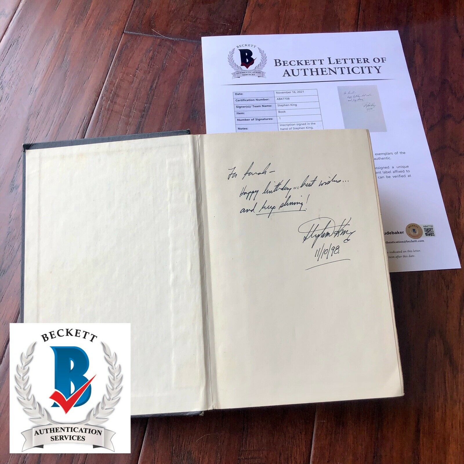 STEPHEN KING * Beckett BAS * Hand-Signed "The Shining" Book Autograph Inscribed