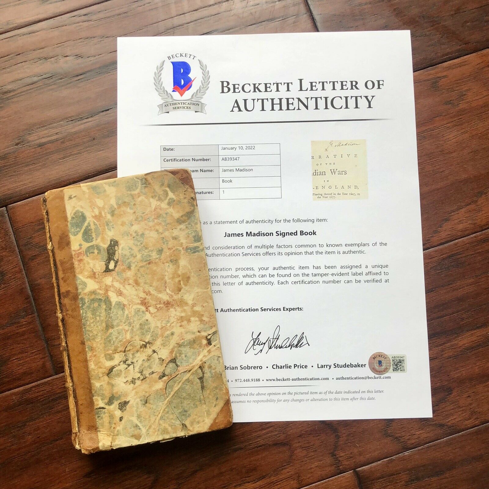 JAMES MADISON * Beckett * Signed Book from his Library On Native Wars Autograph