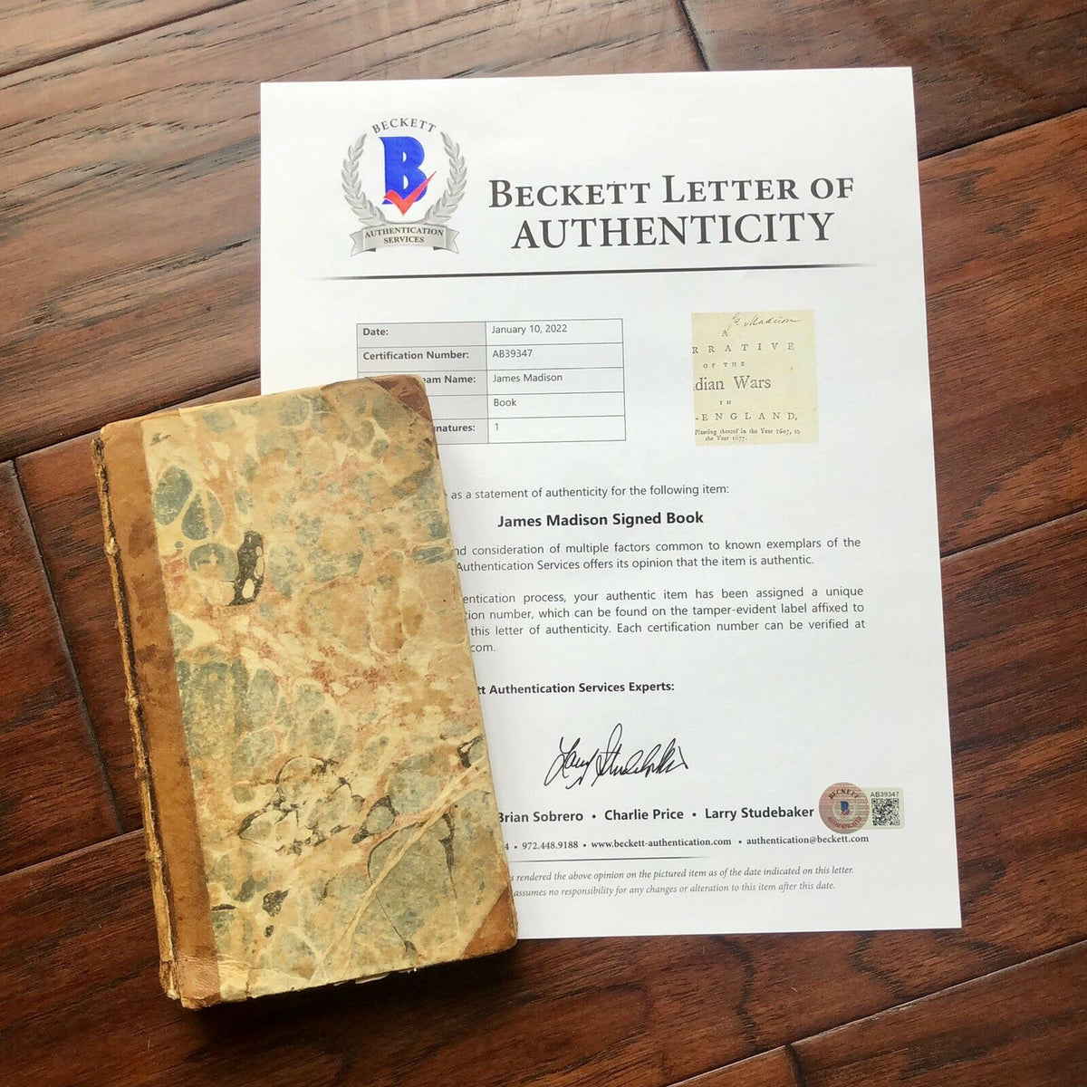 JAMES MADISON * Beckett * Signed Book from his Library On Native Wars Autograph