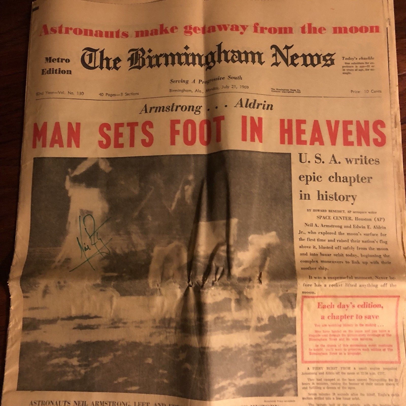 NEIL ARMSTRONG * Hand Signed Autograph Newspaper * APOLLO 11 * Zarelli Authentic