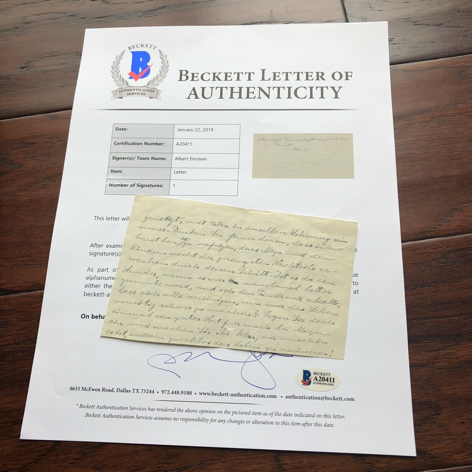 ALBERT EINSTEIN * BAS LOA * Autograph Signed THEORY OF RELATIVITY Co-Discoverer