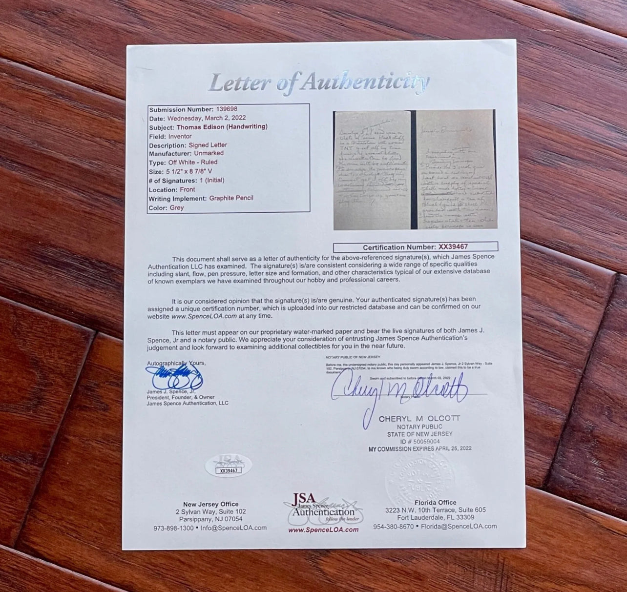 THOMAS EDISON * JSA * AUTOGRAPH Secret SUBMARINE EXPERIMENT Note SIGNED * WWI