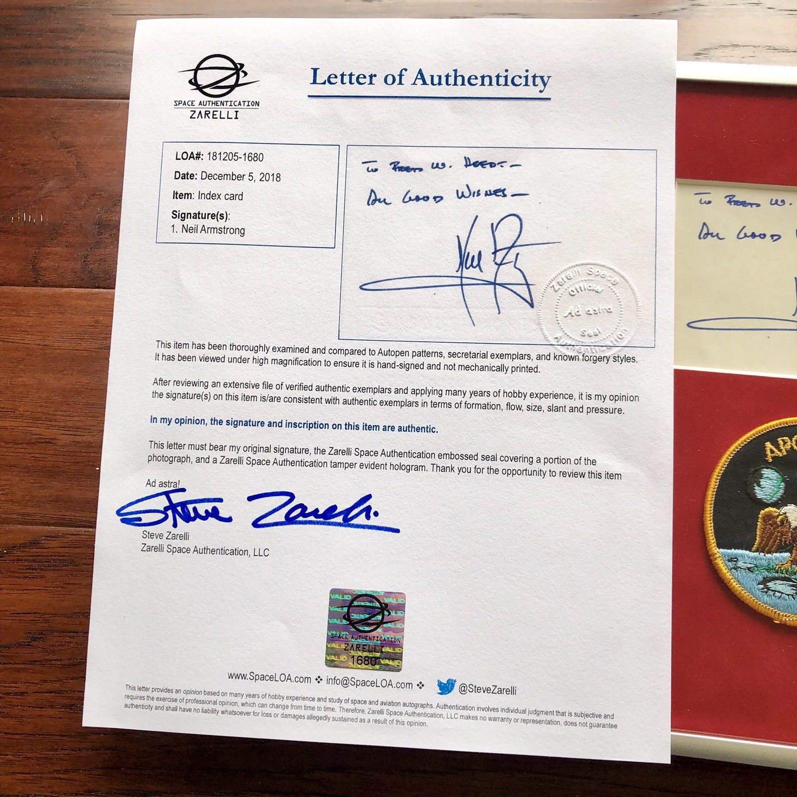 NEIL ARMSTRONG * PSA/DNA Zarelli LOA * Signed Index Card * Apollo 11 Autograph