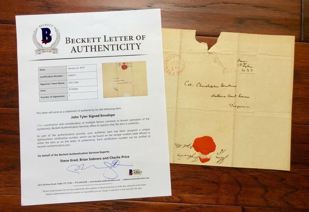 JOHN TYLER * BECKETT BAS * Handwritten FREE FRANK Autograph Panel Signed