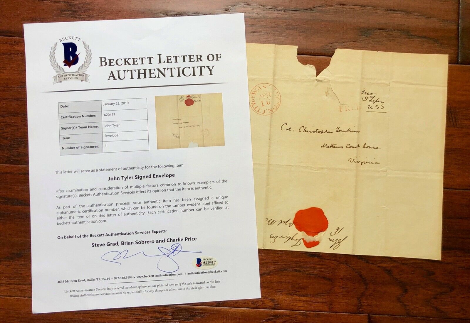 JOHN TYLER * BECKETT BAS * Handwritten FREE FRANK Autograph Panel Signed