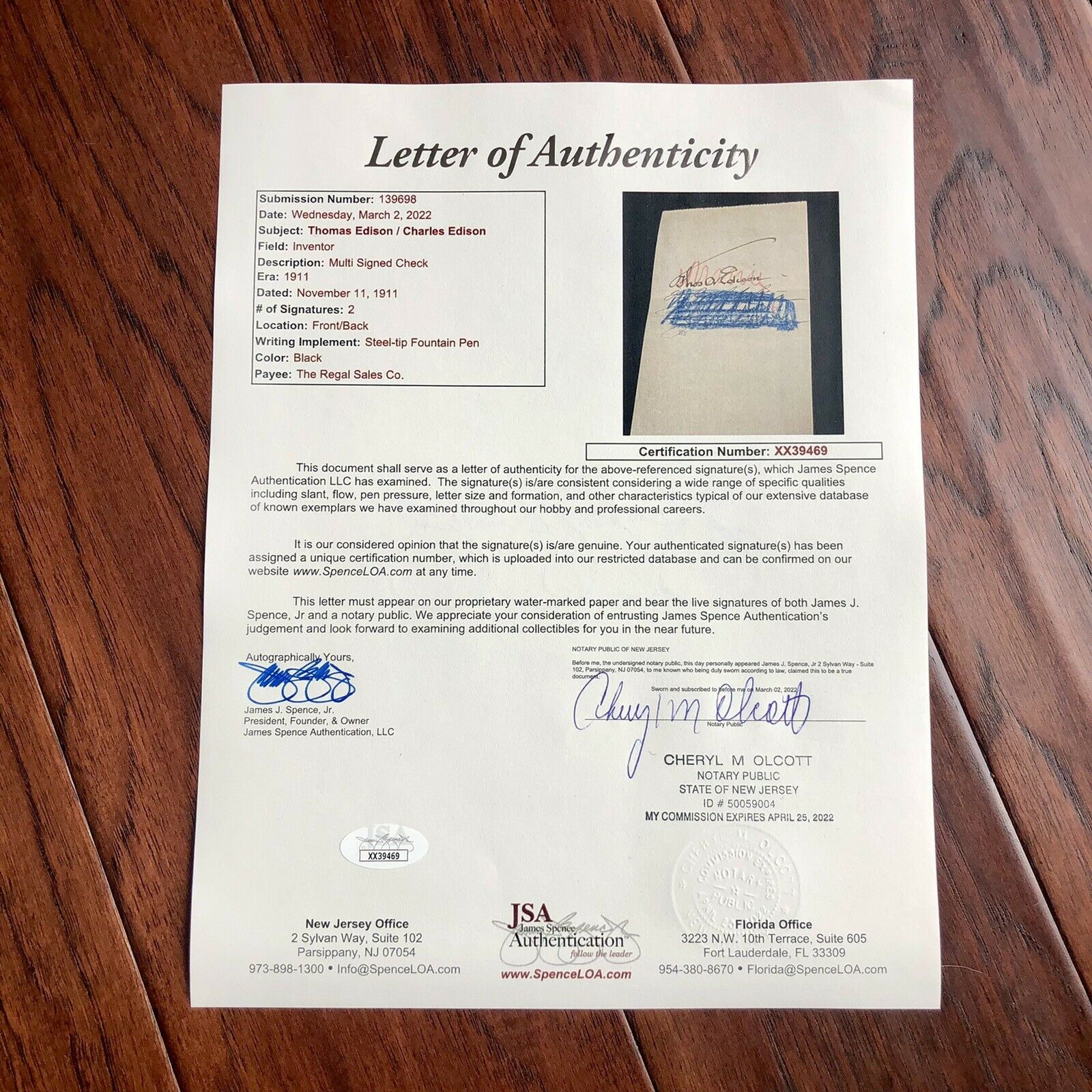THOMAS EDISON * JSA LOA * Signed Promissory Check Autograph * Umbrella Signature