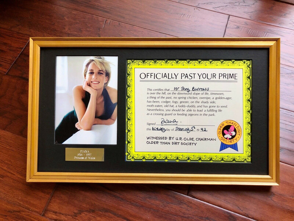 Princess DIANA * BAS * "Past Your Prime" AUTOGRAPH Birthday Certificate SIGNED