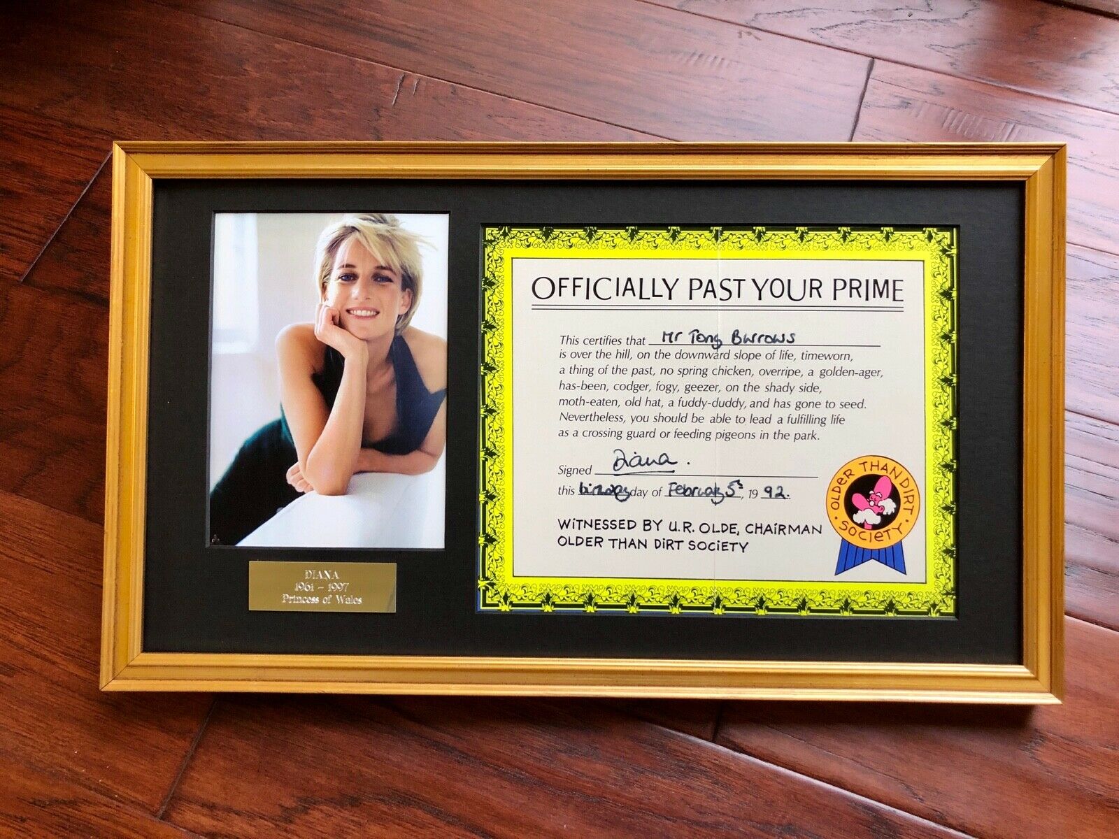Princess DIANA * BAS * "Past Your Prime" AUTOGRAPH Birthday Certificate SIGNED