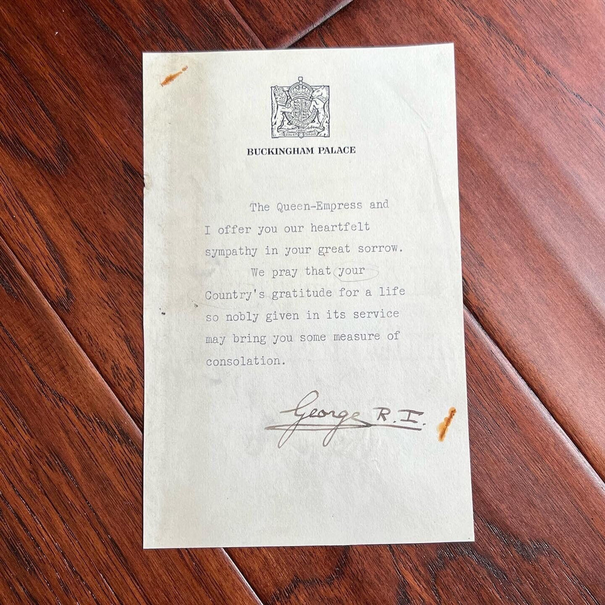 KING GEORGE VI * JSA * Signed Autograph Letter Sent to Family of KIA Soldiers