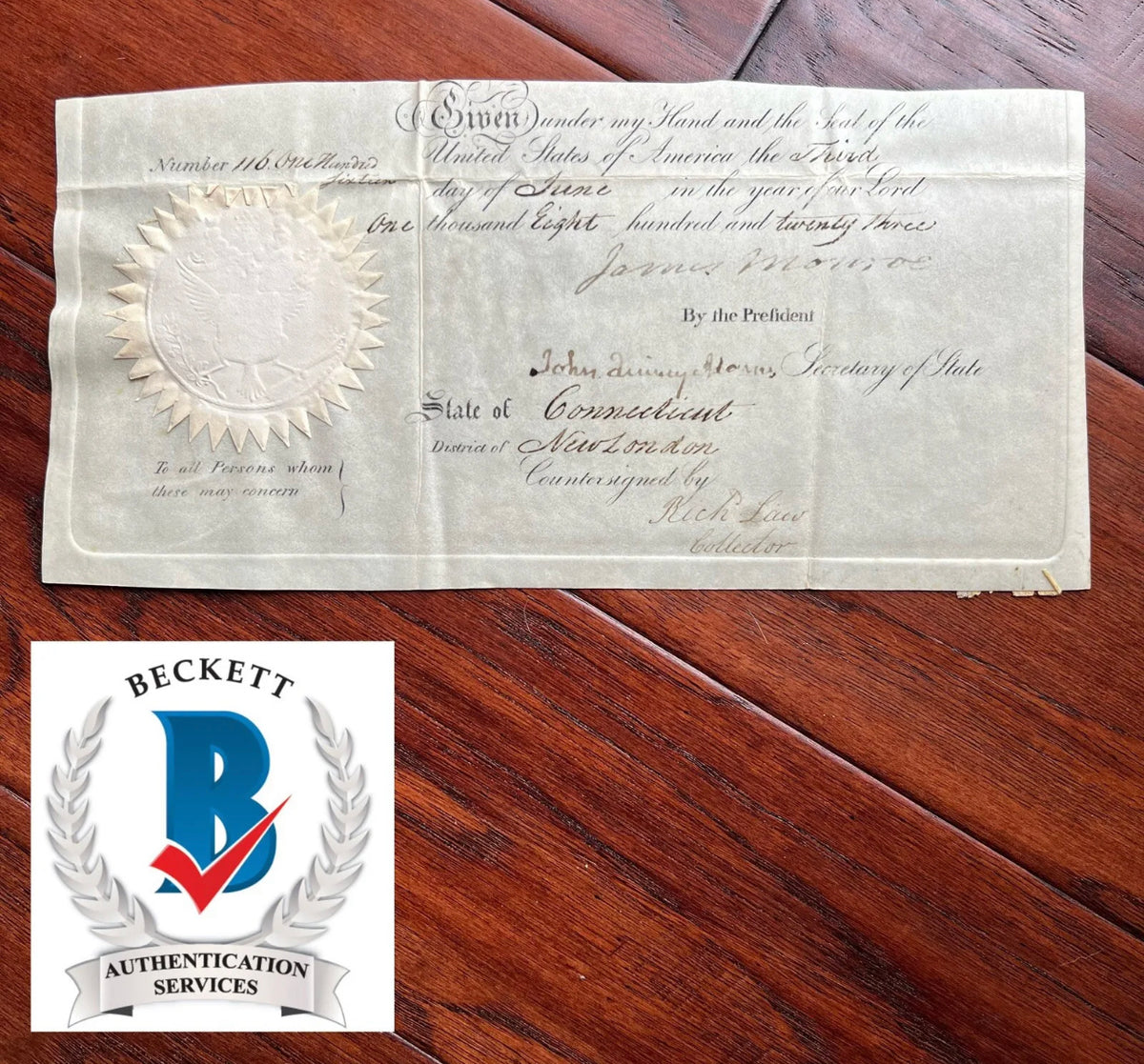 JAMES MONROE & JOHN QUINCY ADAMS * Beckett BAS * AUTOGRAPH Ships Passport SIGNED
