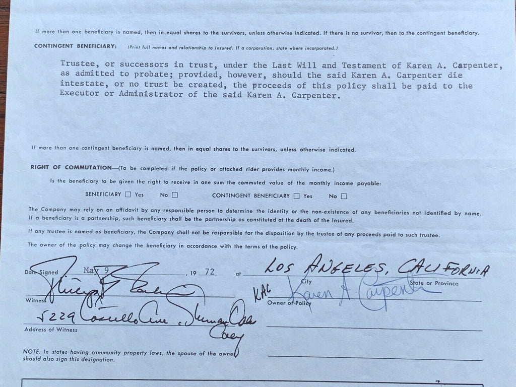 THE CARPENTERS * JSA * Karen's LIFE INSURANCE Beneficiary Form Autograph SIGNED