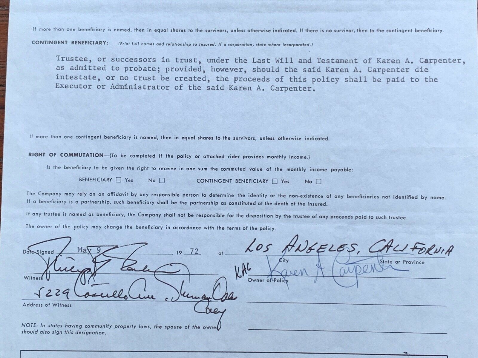 THE CARPENTERS * JSA * Karen's LIFE INSURANCE Beneficiary Form Autograph SIGNED
